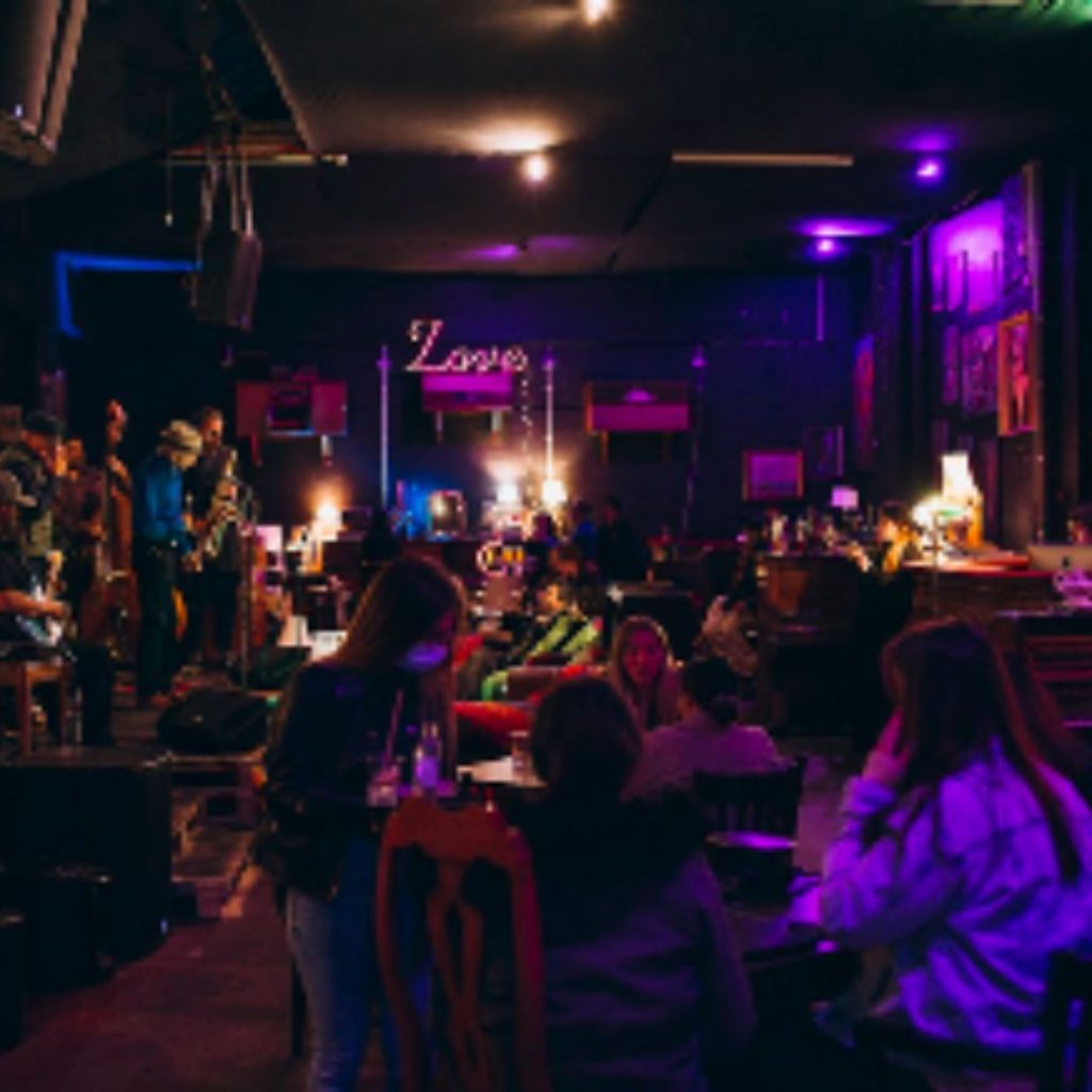People sitting around tables in a jazz club