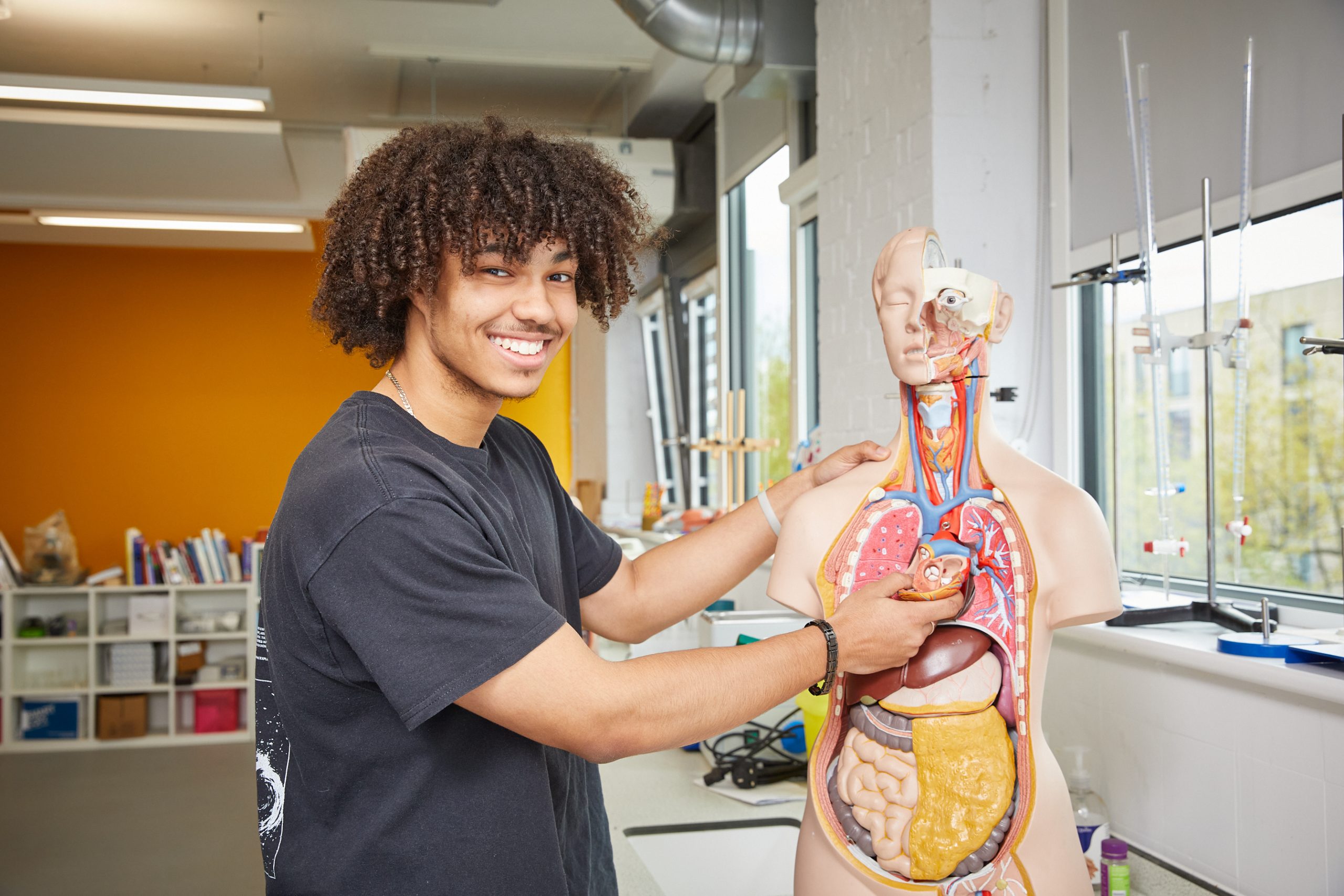 Young man in science lab with body model holding heart